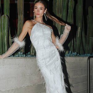 Nyx Dress - White Feather, Sequin, Midi Halter, Open Back Dress